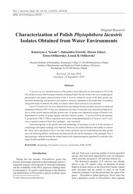 Characterization of Polish Phytophthora Lacustris Isolates Obtained from Water Environments