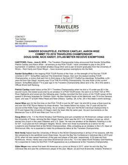 Xander Schauffele, Patrick Cantlay, Aaron Wise Commit to 2018 Travelers Championship; Doug Ghim, Nick Hardy, Dylan Meyer Receive Exemptions
