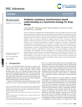 Antibiotic Resistance: Bioinformatics-Based Understanding As a Functional Strategy for Drug Cite This: RSC Adv., 2020, 10, 18451 Design