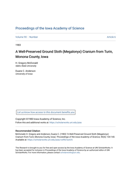 A Well-Preserved Ground Sloth (Megalonyx) Cranium from Turin, Monona County, Iowa