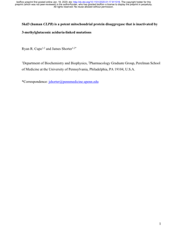 Skd3 (Human CLPB) Is a Potent Mitochondrial Protein Disaggregase That Is Inactivated By