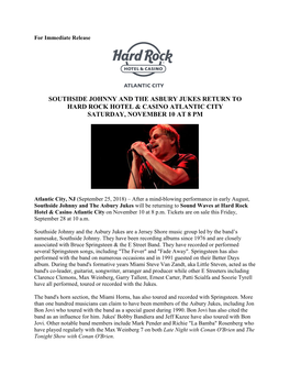 Southside Johnny and the Asbury Jukes Return to Hard Rock Hotel & Casino Atlantic City Saturday, November 10 at 8 Pm