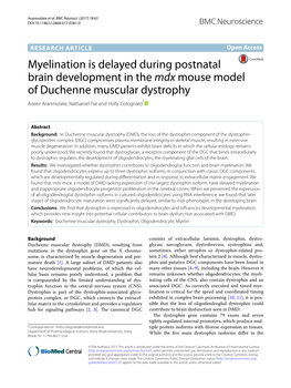 Myelination Is Delayed During Postnatal Brain Development in the Mdx Mouse Model of Duchenne Muscular Dystrophy Azeez Aranmolate, Nathaniel Tse and Holly Colognato*