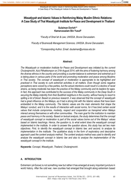Wasatiyyah and Islamic Values in Reinforcing Malay Muslim Ethnic Relations: a Case Study of Thai Wasatiyyah Institute for Peace and Development in Thailand