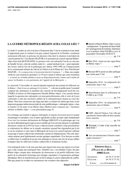 LA GUERRE MÉTROPOLE-RÉGION AURA-T-ELLE LIEU ? � Quand La Région Rhône-Alpes Se Pose - Ironiquement - La Question Du Bien-Fondé De L’Aménagement Du Territoire