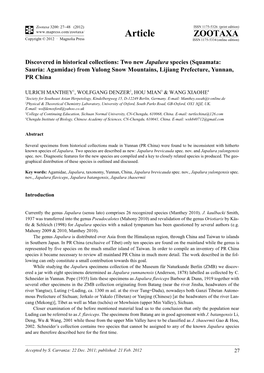 Discovered in Historical Collections: Two New Japalura Species (Squamata: Sauria: Agamidae) from Yulong Snow Mountains, Lijiang Prefecture, Yunnan, PR China