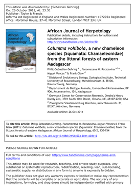 Calumma Vohibola, a New Chameleon Species (Squamata: Chamaeleonidae) from the Littoral Forests of Eastern Madagascar Philip-Sebastian Gehring a , Fanomezana M