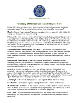Glossary of Medical Ethics and Hospice Care