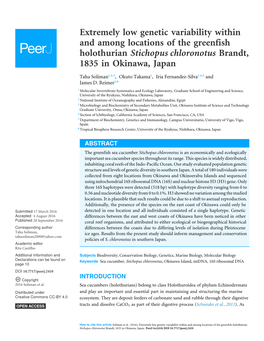 Extremely Low Genetic Variability Within and Among Locations of the Greenfish Holothurian Stichopus Chloronotus Brandt, 1835 in Okinawa, Japan