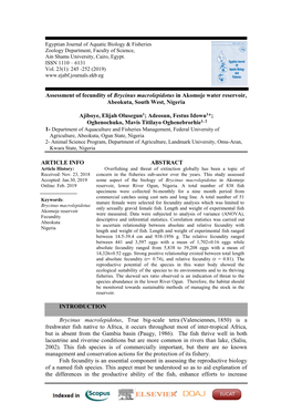 Assessment of Fecundity of Brycinus Macrolepidotus in Akomoje Water Reservoir, Abeokuta, South West, Nigeria