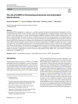 The Role of Hnrnps in Frontotemporal Dementia and Amyotrophic Lateral Sclerosis