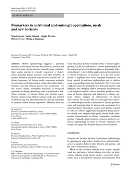 Biomarkers in Nutritional Epidemiology: Applications, Needs and New Horizons