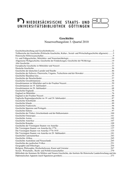 Geschichte Neuerwerbungsliste 3. Quartal 2010