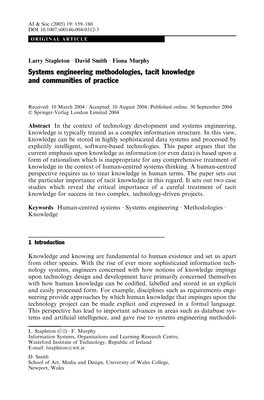 Systems Engineering Methodologies, Tacit Knowledge and Communities of Practice
