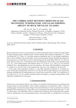 The Correlation Between Reduced Glass Transition Temperature and Glass Forming Ability of Bulk Metallic Glasses Z.P