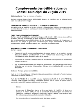 Compte-Rendu Des Délibérations Du Conseil Municipal Du 20 Juin 2019