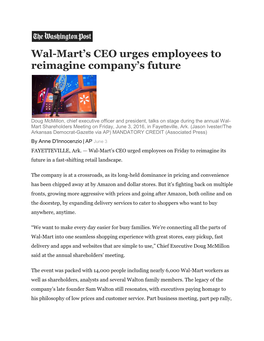 Wal-Mart's CEO Urges Employees to Reimagine Company's Future