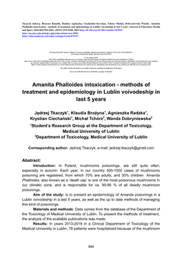 Amanita Phalloides Intoxication - Methods of Treatment and Epidemiology in Lublin Voivodeship in Last 5 Years