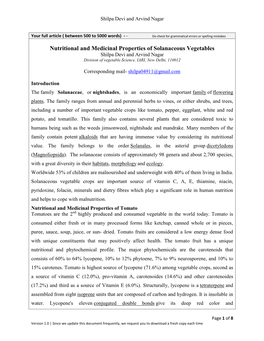 Nutritional and Medicinal Properties of Solanaceous Vegetables Shilpa Devi and Arvind Nagar Division of Vegetable Science, IARI, New Delhi, 110012