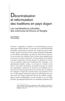 Décentralisation Et Reformulation Des Traditions En Pays Dogon Les Manifestations Culturelles Des Communes De Dourou Et Sangha