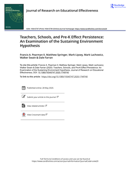 Teachers, Schools, and Pre-K Effect Persistence: an Examination of the Sustaining Environment Hypothesis
