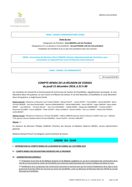 COMPTE-RENDU DE LA REUNION DE CONSEIL Du Jeudi 11 Décembre 2014, À 21 H 00