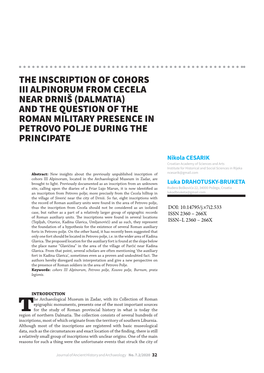 The Inscription of Cohors Iii Alpinorum from Cecela Near Drniš (Dalmatia) and the Question of the Roman Military Presence in Petrovo Polje During the Principate