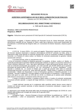 REGIONE PUGLIA AZIENDA SANITARIA LOCALE DELLA PROVINCIA DI FOGGIA (Istituita Con L.R