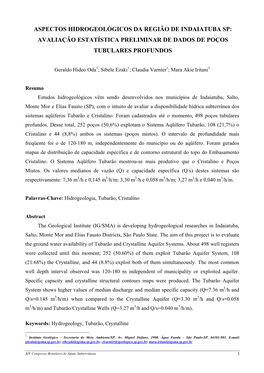 Aspectos Hidrogeológicos Da Região De Indaiatuba Sp: Avaliação Estatística Preliminar De Dados De Poços Tubulares Profundos