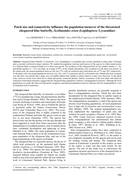 Patch Size and Connectivity Influence the Population Turnover of the Threatened Chequered Blue Butterfly, Scolitantides Orion (Lepidoptera: Lycaenidae)