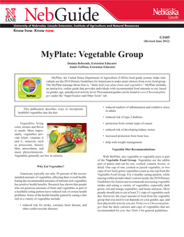 Myplate: Vegetable Group Donnia Behrends, Extension Educator Jamie Goffena, Extension Educator
