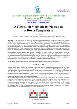 A Review on Magnetic Refrigeration at Room Temperature