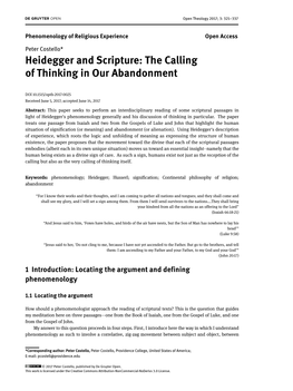 Heidegger and Scripture: the Calling of Thinking in Our Abandonment