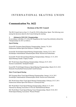 INTERNATIONAL SKATING UNION Communication No. 1622