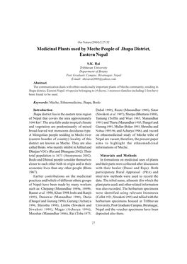 Medicinal Plants Used by Meche People of Jhapa District, Eastern Nepal