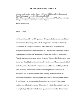 AN ABSTRACT of the THESIS of J. Andrew Alexander for the Degree