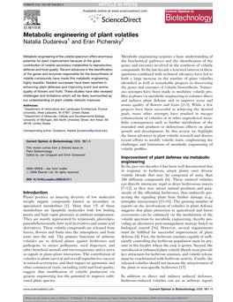 Metabolic Engineering of Plant Volatiles Natalia Dudareva1 and Eran Pichersky2