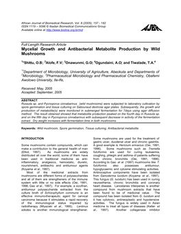 Growth and Antibacterial Metabolite Production by Wild Mushrooms