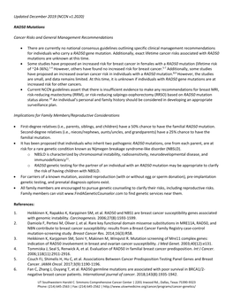 (NCCN V1.2020) RAD50 Mutations Cancer Risks and General