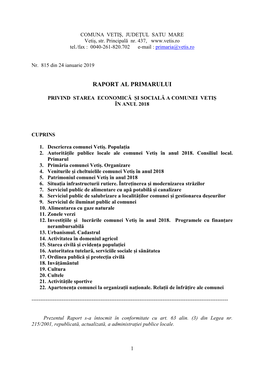 Raport Privind Starea Economică Și Socială a Comunei Vetiș În