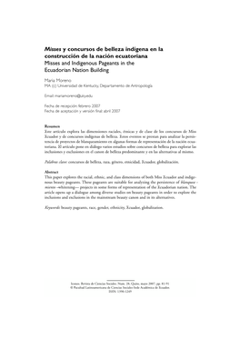 Misses Y Concursos De Belleza Indígena En La Construcción De La Nación Ecuatoriana Misses and Indigenous Pageants in the Ecuadorian Nation Building