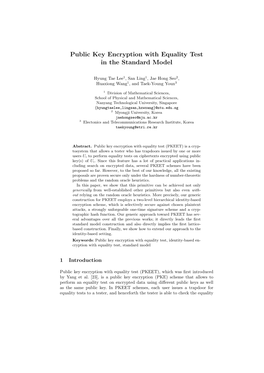 Public Key Encryption with Equality Test in the Standard Model