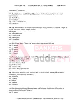 Q1. Neo Collections Is a DIY Digital Repayment Platform Launched by Which Bank? (A) Yes Bank (B) HDFC Bank (C) UCO Bank (D) Kotak Mahindra Bank (E) IDBI Bank