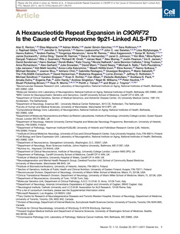 A Hexanucleotide Repeat Expansion in C9ORF72 Is the Cause of Chromosome 9P21-Linked ALS- FTD, Neuron (2011), Doi:10.1016/J.Neuron.2011.09.010 Neuron Article