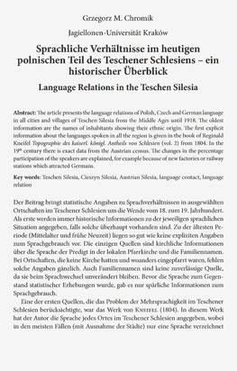 Sprachliche Verhältnisse Im Heutigen Polnischen Teil Des Teschener Schlesiens - Ein Historischer Überblick Language Relations in the Teschen Silesia