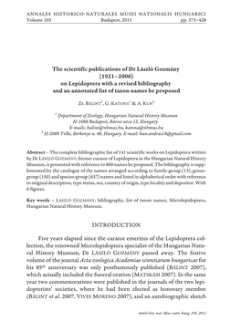 The Scientific Publications of Dr László Gozmány (1921 2006) on Lepidoptera with a Revised Bibliography and an Annotated List of Taxon Names He Proposed