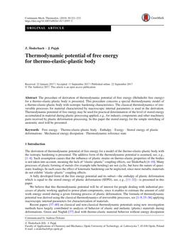 Thermodynamic Potential of Free Energy for Thermo-Elastic-Plastic Body