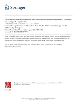 Floral Anatomy and Development of Saxofridericia Aculeata (Rapateaceae) and Its Taxonomic and Phylogenetic Significance Author(S): Renata C