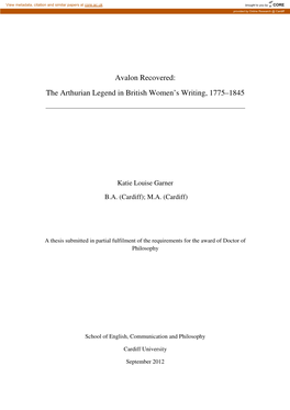 The Arthurian Legend in British Women's Writing, 1775–1845