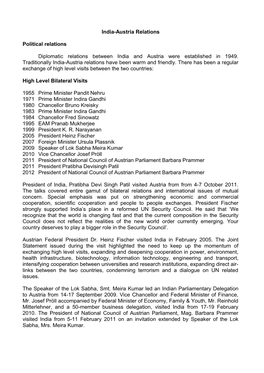 India-Austria Relations Political Relations Diplomatic Relations Between India and Austria Were Established in 1949. Traditional